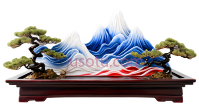 盆景,山水画,蓝色,白色,绿色,红色, PNG