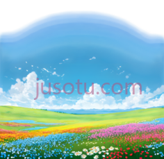 花海,插画,蓝色,绿色,黄色,紫色,白色PNG