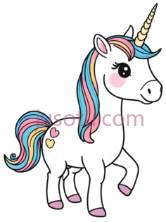 独角兽,卡通,白色身体, 多彩鬃毛,尾巴PNG