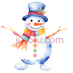 雪人,卡通,蓝色帽子,橙色围巾,彩色纽扣PNG