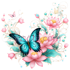 蝴蝶,莲花,卡通,蓝色,粉色,绿色PNG