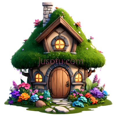 小屋,卡通,绿色屋顶, 木色主体, PNG