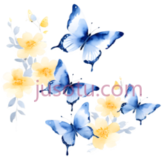 蝴蝶,花朵,水彩画,蓝色,黄色PNG