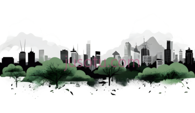 城市天际线,现代都市,绿色树木,灰色建筑物, PNG