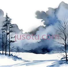 雪景,水墨画,白色,蓝色,黑色PNG
