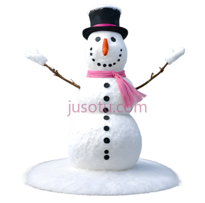 雪人,卡通,白色身体, 粉色围巾, 黑色纽扣,帽子, PNG