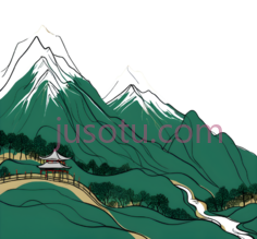 山,房子,小路,树木,插画,绿色,白色,黑色PNG