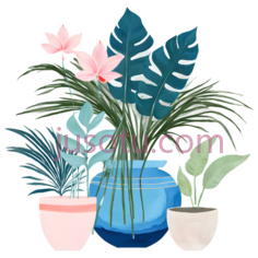 花瓶,植物,插画,蓝色,粉色,绿色PNG