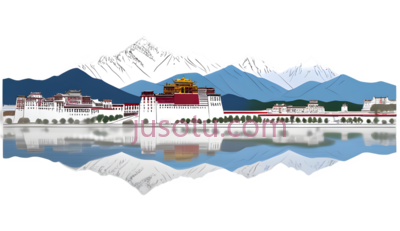 布达拉宫,插画,白色,红色,蓝色, PNG