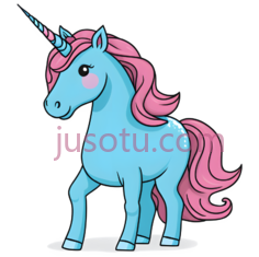 独角兽,卡通,蓝色身体, 粉色鬃毛,尾巴PNG