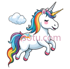 独角兽,卡通,白色身体, 多彩鬃毛,尾巴PNG