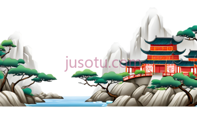 山水画,传统中国水墨画,白色,绿色,红色,蓝色, PNG