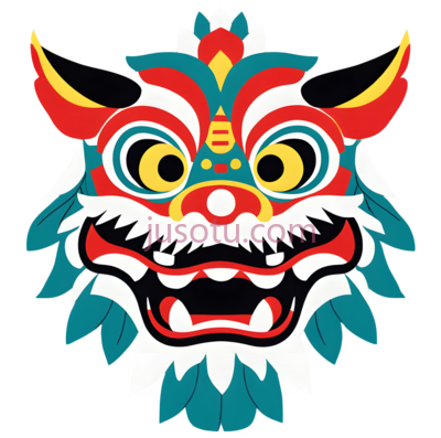舞狮头,中国,红色,黄色,蓝色,绿色,白色, PNG