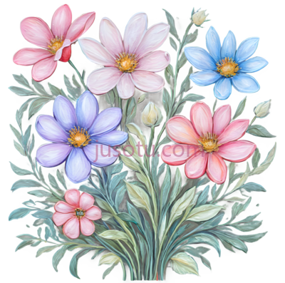 花束,插画,粉色,蓝色,紫色, PNG