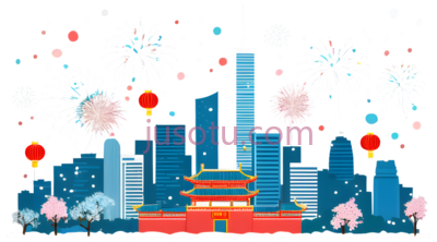 城市天际线,春节庆祝,灯笼,烟花, PNG