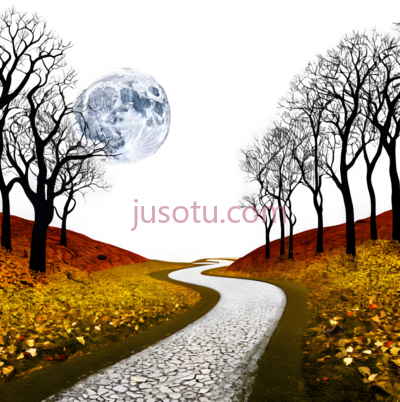 月亮, 道路, 树木, 花朵,插画,黑色背景, 白色道路, 黄色花朵, PNG