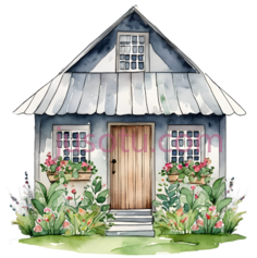 小木屋,水彩画,灰色屋顶, 白色墙面PNG