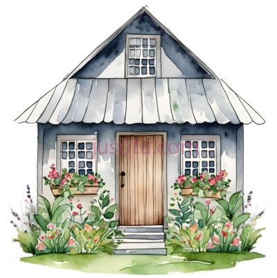 小木屋,水彩画,灰色屋顶, 白色墙面, PNG