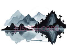 山,月亮,倒影,水墨画,白色,灰色PNG