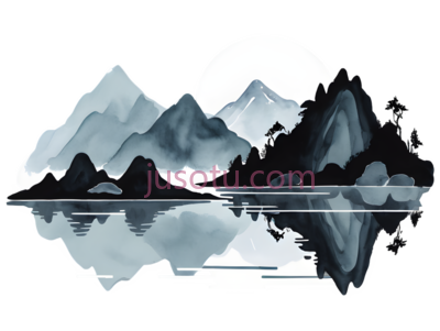 山,月亮,倒影,水墨画,白色,灰色, PNG